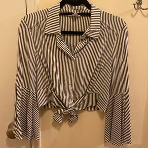 Blue & white striped cropped button down